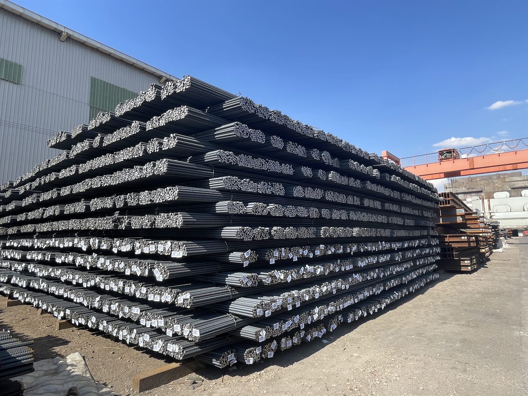 Bundled rebar stock in a steel yard